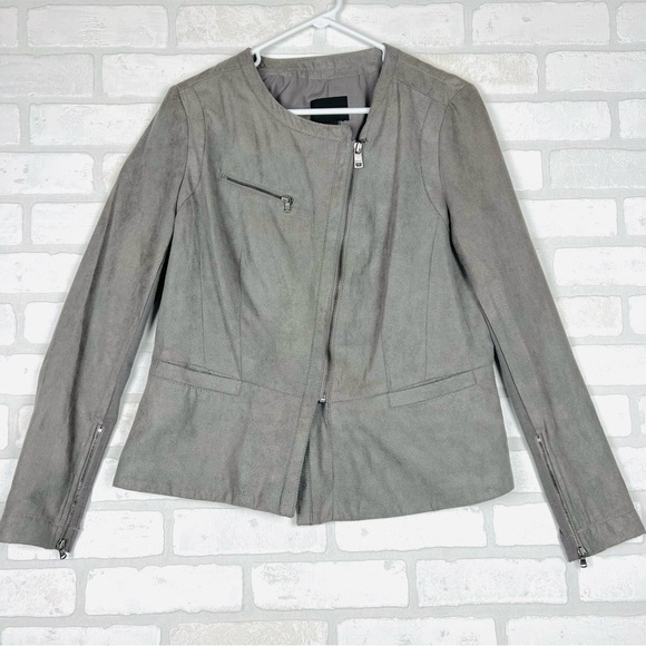 DKNY Jeans Jacket Women Large Gray Faux Suede Polyester Long Sleeve Clipside Zip - Picture 6 of 13